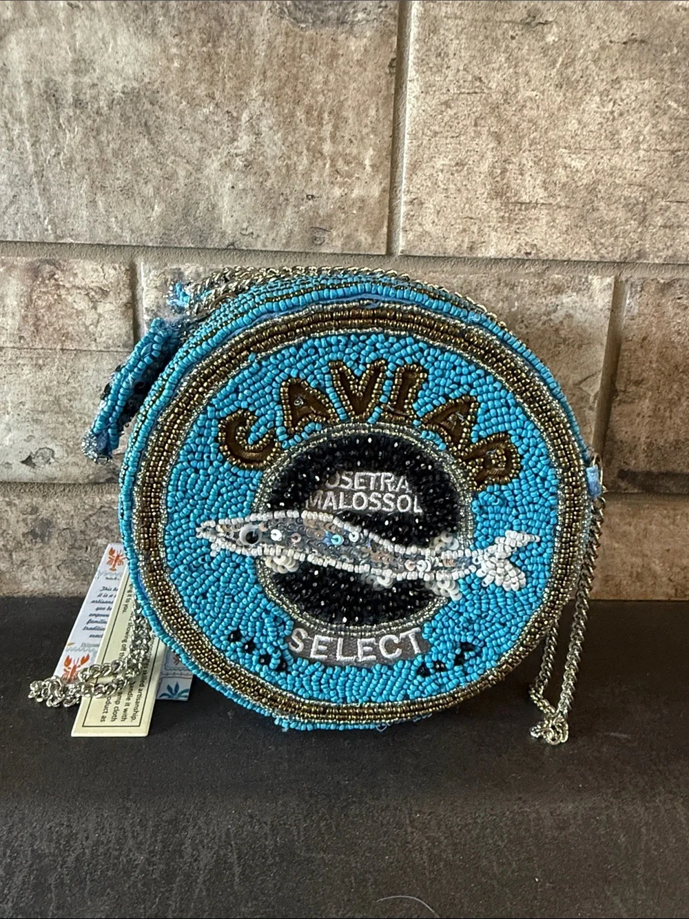 Beaded Round Turquoise Caviar Crossbody Bag